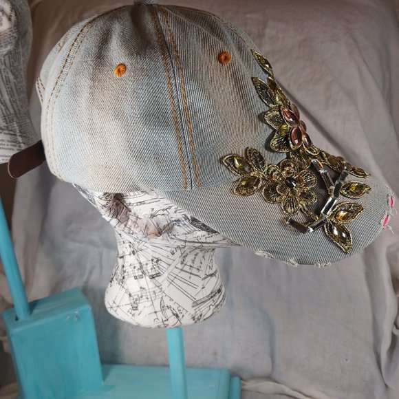 Natalie Mills Flora Rhinestone Baseball Cap Women's Hat Gray Distressed Denim - Picture 8 of 12
